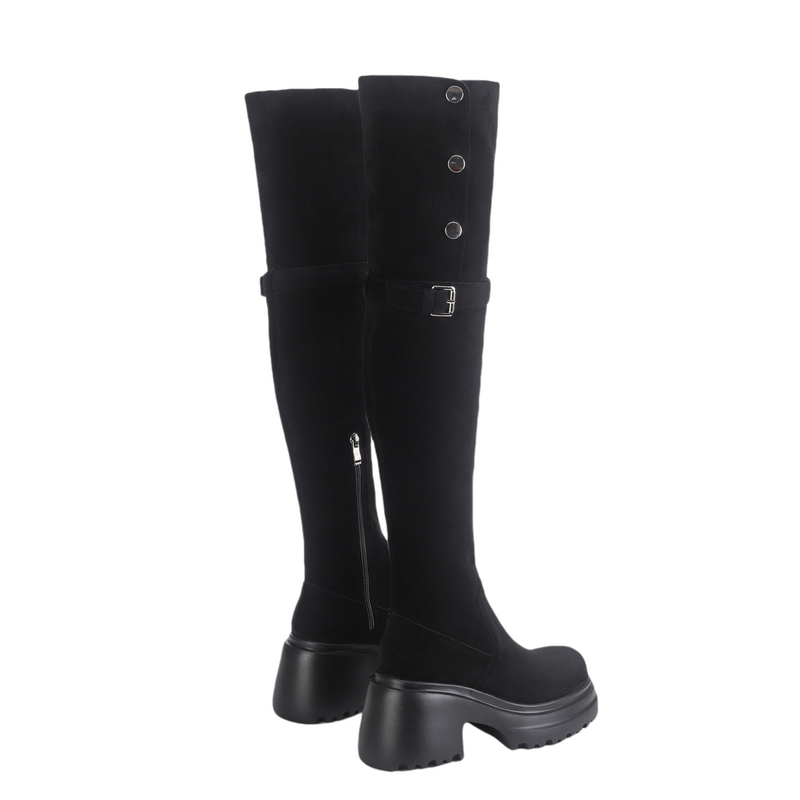 Women Knee High Boots Chunky Heeled Suede Cowgirl Cosplay Biker Boots