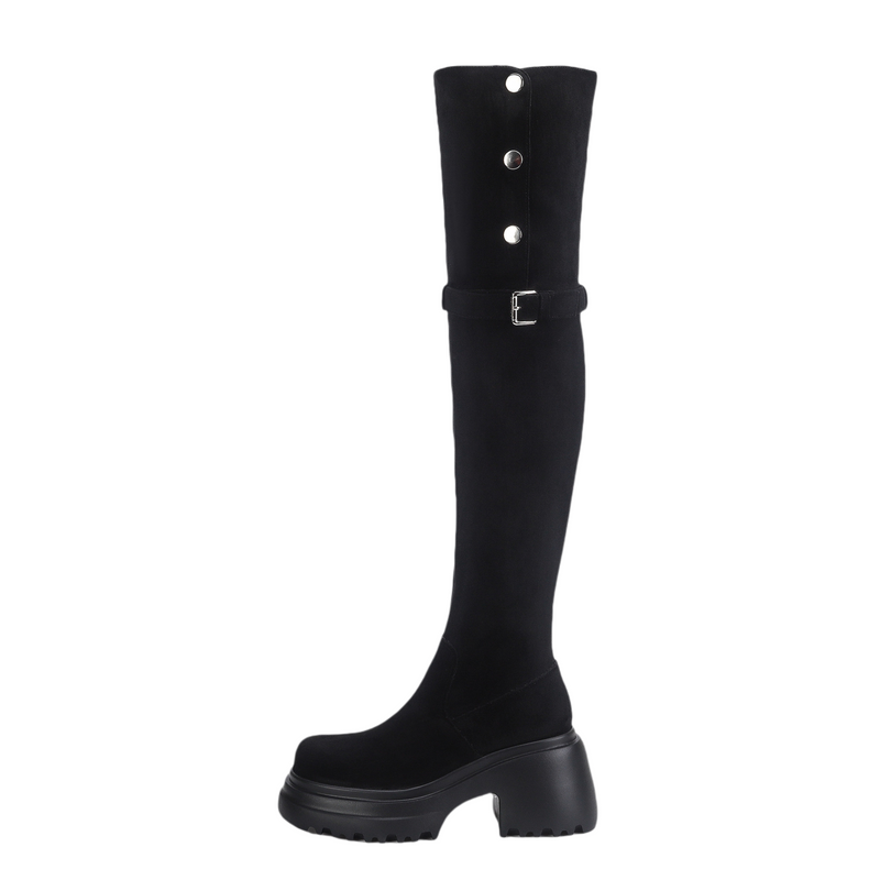 Women Knee High Boots Chunky Heeled Suede Cowgirl Cosplay Biker Boots