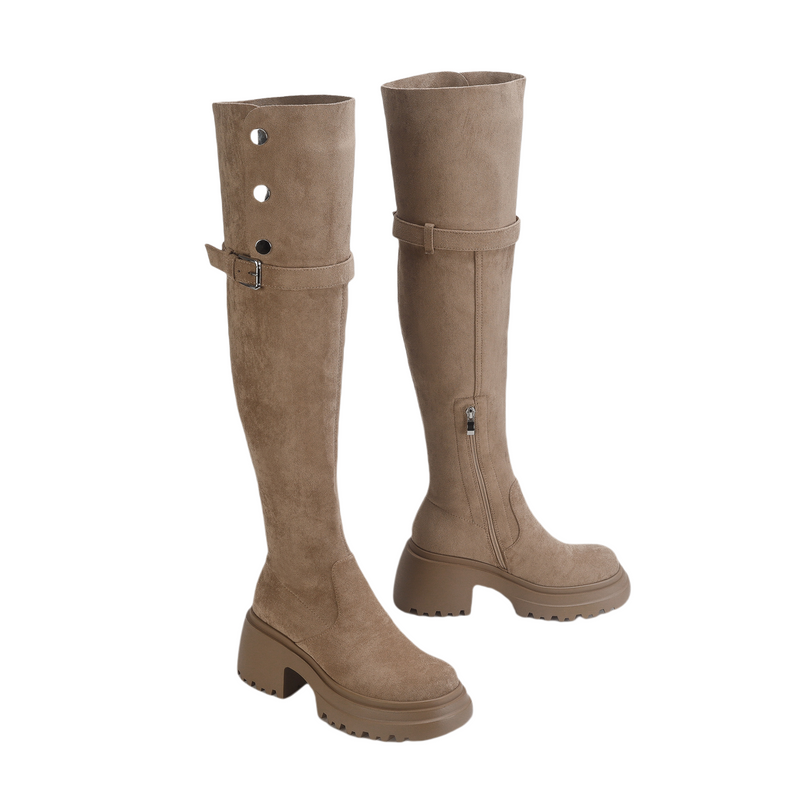 Women Knee High Boots Chunky Heeled Suede Cowgirl Cosplay Biker Boots