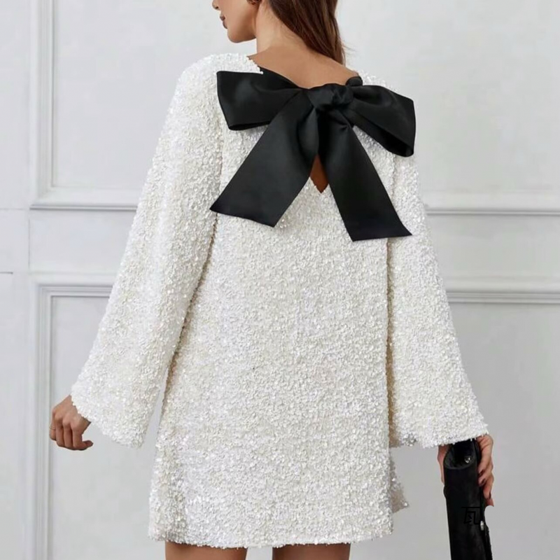 Women Long Sleeve Sparkly Sequin Mini Dress Bow Tie Loose Blouse