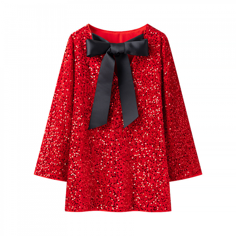 Women Long Sleeve Sparkly Sequin Mini Dress Bow Tie Loose Blouse