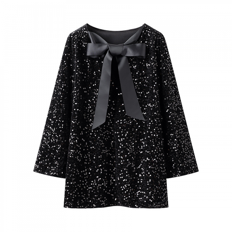 Women Long Sleeve Sparkly Sequin Mini Dress Bow Tie Loose Blouse