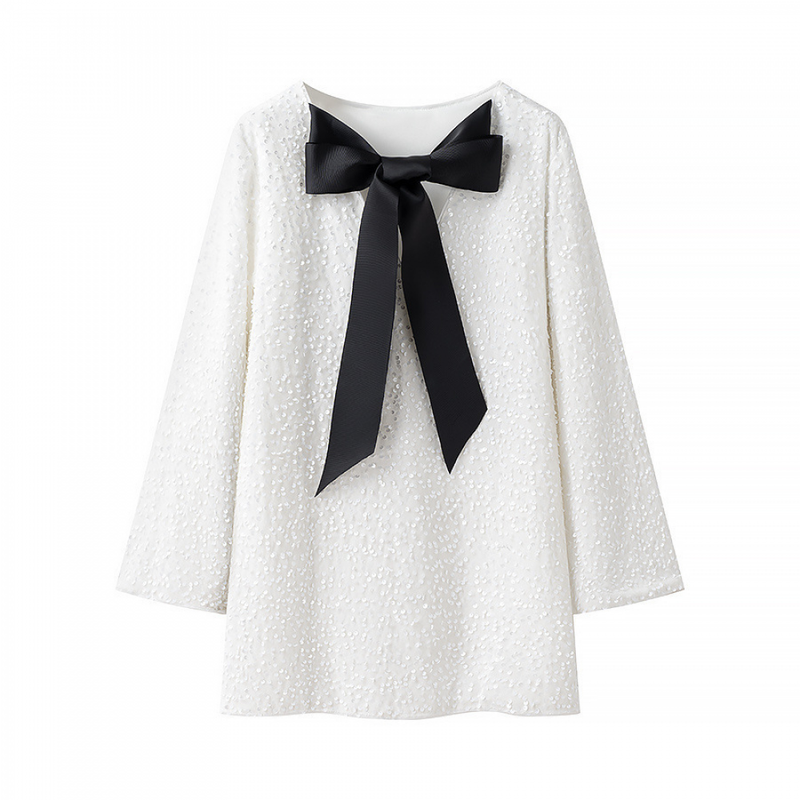 Women Long Sleeve Sparkly Sequin Mini Dress Bow Tie Loose Blouse