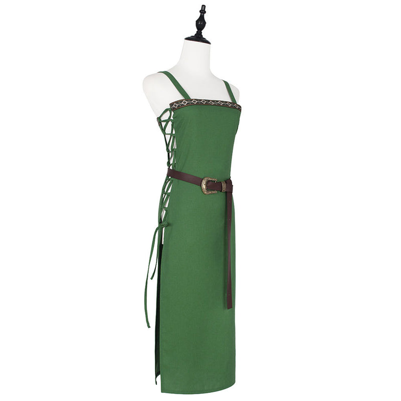 Women Medieval Viking Cosplay Costume Spaghetti Strap Lace Up Peasant Dress - AwwwCos