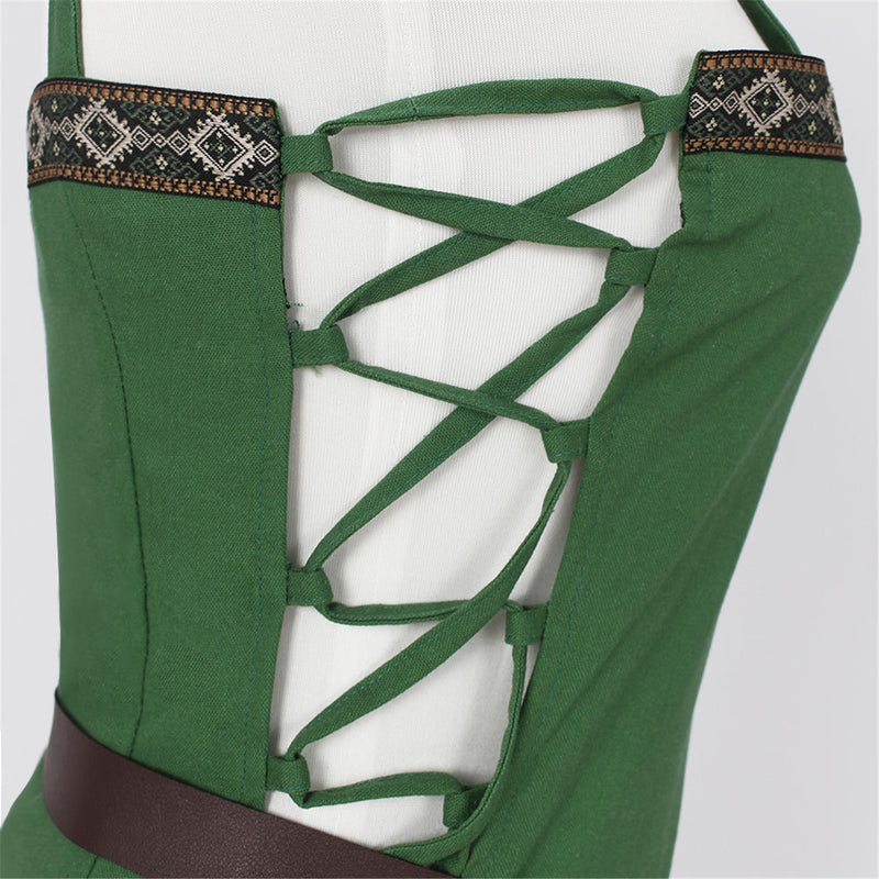 Women Medieval Viking Cosplay Costume Spaghetti Strap Lace Up Peasant Dress - AwwwCos