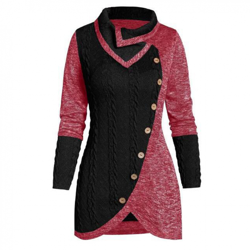 Women Mock Buttons Cable Knit Tunic Asymmetric Long Pullover Sweater Jumper