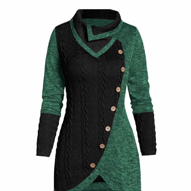 Women Mock Buttons Cable Knit Tunic Asymmetric Long Pullover Sweater Jumper