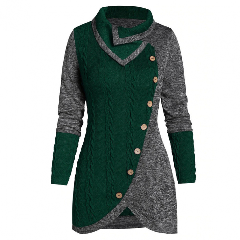 Women Mock Buttons Cable Knit Tunic Asymmetric Long Pullover Sweater Jumper