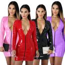 Women Nightclub Four Sided Elastic Shiny Faux Leather Zipper Dress Bodycon Skirt