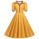 Women Notch Lapel 50s 60s Vintage V-Neck Polka Dot Midi Dress - AwwwCos