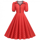 Women Notch Lapel 50s 60s Vintage V-Neck Polka Dot Midi Dress - AwwwCos