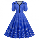 Women Notch Lapel 50s 60s Vintage V-Neck Polka Dot Midi Dress - AwwwCos