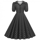 Women Notch Lapel 50s 60s Vintage V-Neck Polka Dot Midi Dress - AwwwCos