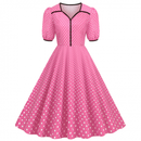 Women Notch Lapel 50s 60s Vintage V-Neck Polka Dot Midi Dress - AwwwCos