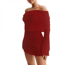 Women Off Shoulder Mini Bodycon Dress Crochet Mesh Sweater