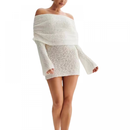 Women Off Shoulder Mini Bodycon Dress Crochet Mesh Sweater