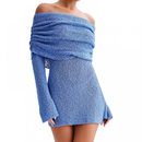 Women Off Shoulder Mini Bodycon Dress Crochet Mesh Sweater