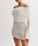 Women Off Shoulder Mini Bodycon Dress Crochet Mesh Sweater