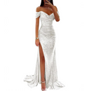 Women Off Shoulder Prom Dress Long Sparkly Sequin Evening Gown With Slit - AwwwCos