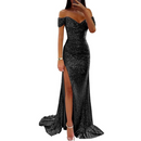 Women Off Shoulder Prom Dress Long Sparkly Sequin Evening Gown With Slit - AwwwCos