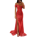 Women Off Shoulder Prom Dress Long Sparkly Sequin Evening Gown With Slit - AwwwCos