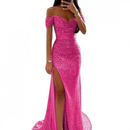 Women Off Shoulder Prom Dress Long Sparkly Sequin Evening Gown With Slit - AwwwCos