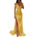 Women Off Shoulder Prom Dress Long Sparkly Sequin Evening Gown With Slit - AwwwCos