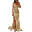 Women Off Shoulder Prom Dress Long Sparkly Sequin Evening Gown With Slit - AwwwCos
