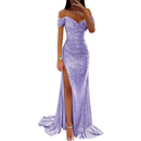 Women Off Shoulder Prom Dress Long Sparkly Sequin Evening Gown With Slit - AwwwCos