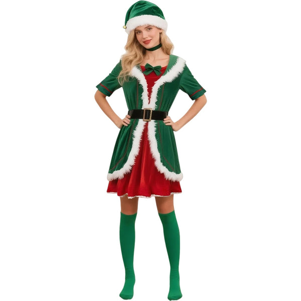 Women Party Christmas Mrs Claus Cosplay Costume Red Green Velvet Dress Hat - AwwwCos