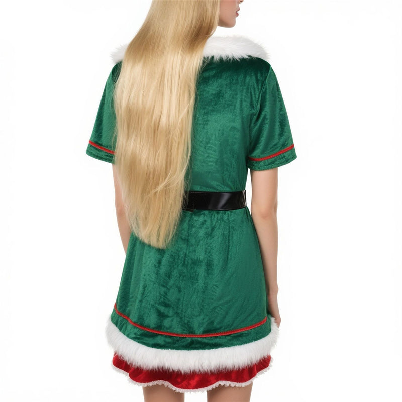Women Party Christmas Mrs Claus Cosplay Costume Red Green Velvet Dress Hat - AwwwCos