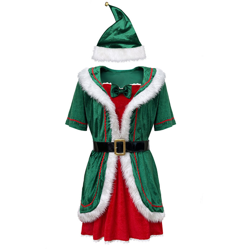 Women Party Christmas Mrs Claus Cosplay Costume Red Green Velvet Dress Hat - AwwwCos