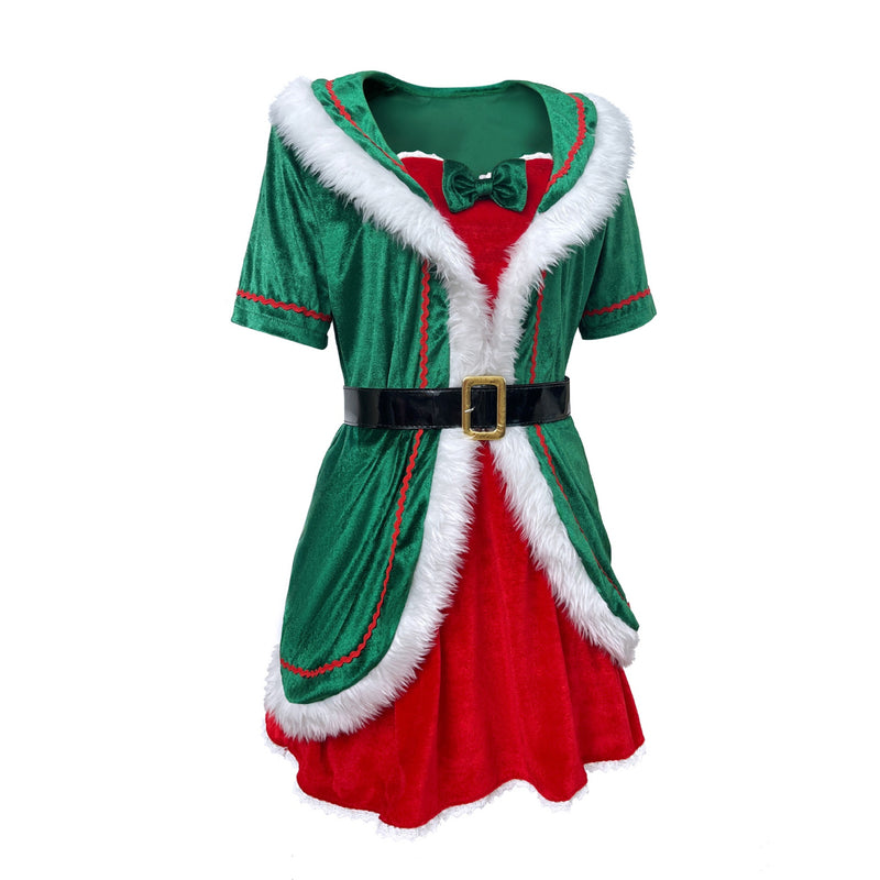 Women Party Christmas Mrs Claus Cosplay Costume Red Green Velvet Dress Hat - AwwwCos