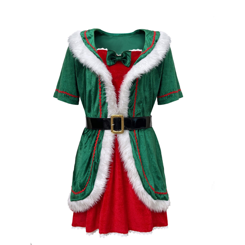 Women Party Christmas Mrs Claus Cosplay Costume Red Green Velvet Dress Hat - AwwwCos