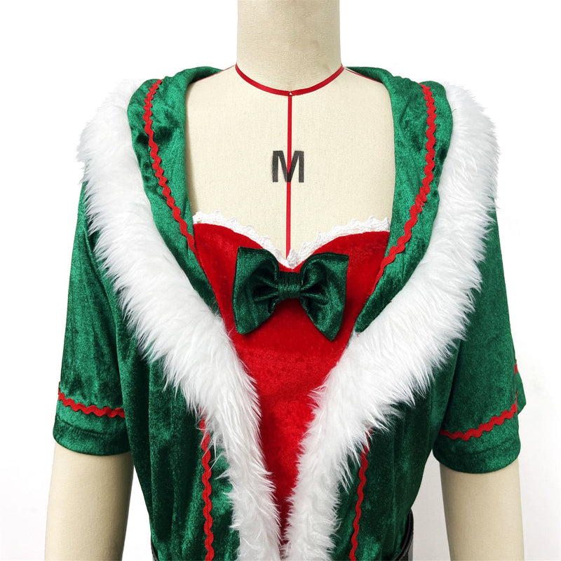 Women Party Christmas Mrs Claus Cosplay Costume Red Green Velvet Dress Hat - AwwwCos