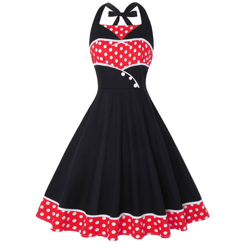 Women Polka Dots Halter Neck 1950s Vintage Sailor Dress