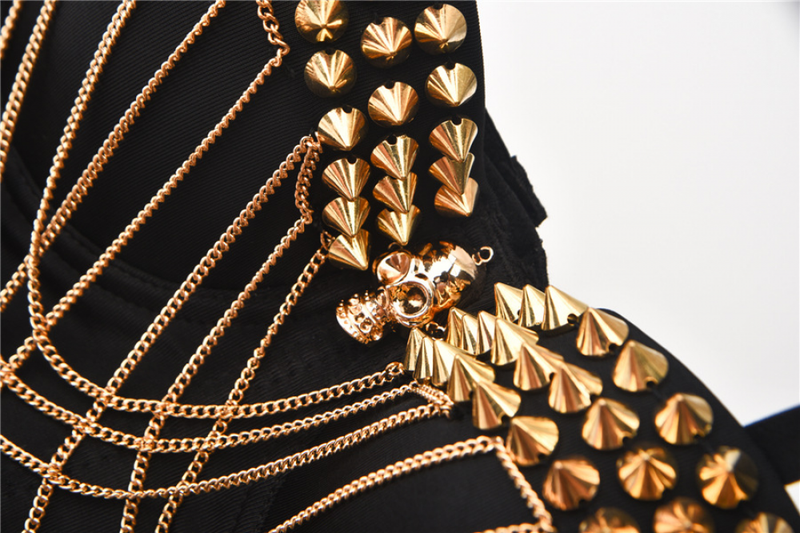 Women Punk Bustier Rivets Chains Spaghetti Strap Skull Bra Corset - AwwwCos