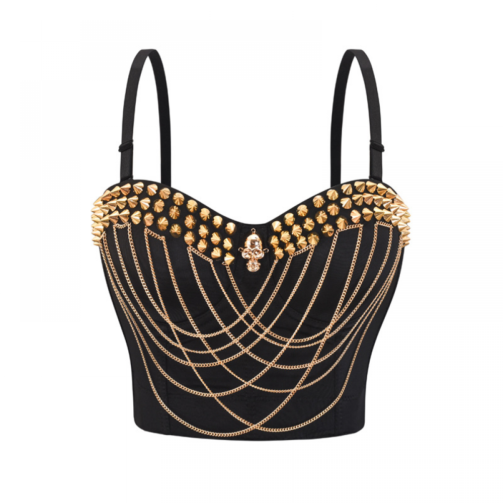 Women Punk Bustier Rivets Chains Spaghetti Strap Skull Bra Corset