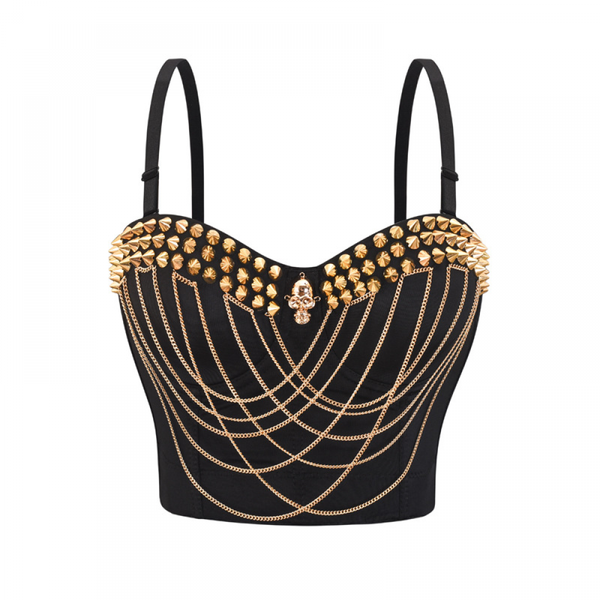 Women Punk Bustier Rivets Chains Spaghetti Strap Skull Bra Corset - AwwwCos