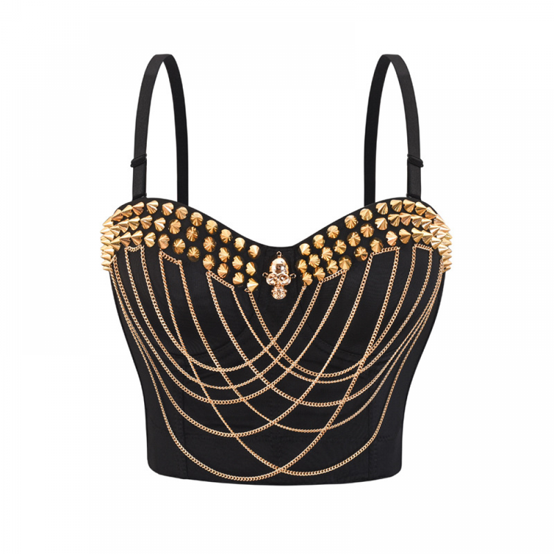 Women Punk Bustier Rivets Chains Spaghetti Strap Skull Bra Corset - AwwwCos
