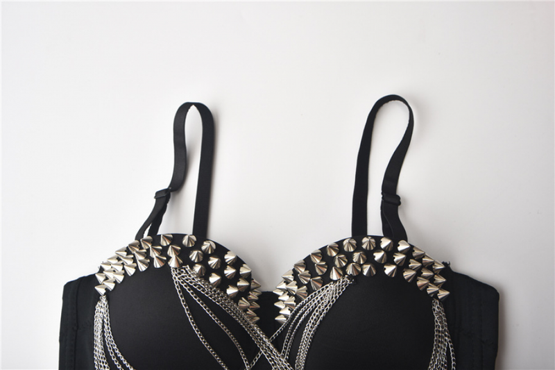 Women Punk Bustier Rivets Chains Spaghetti Strap Skull Bra Corset - AwwwCos