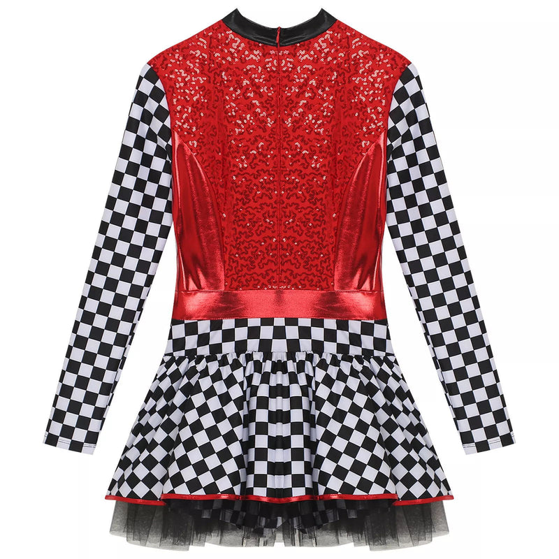 Women Racing Motorcycle Cheerleader Cospaly Sequins Red Plaid Fancy Dress - AwwwCos