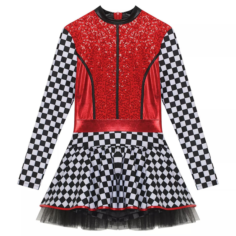 Women Racing Motorcycle Cheerleader Cospaly Sequins Red Plaid Fancy Dress - AwwwCos