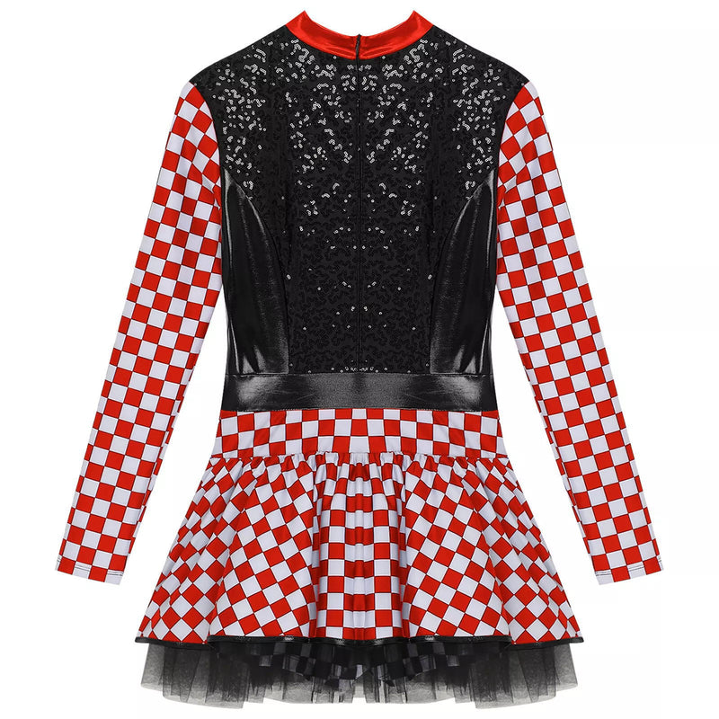 Women Racing Motorcycle Cheerleader Cospaly Sequins Red Plaid Fancy Dress - AwwwCos