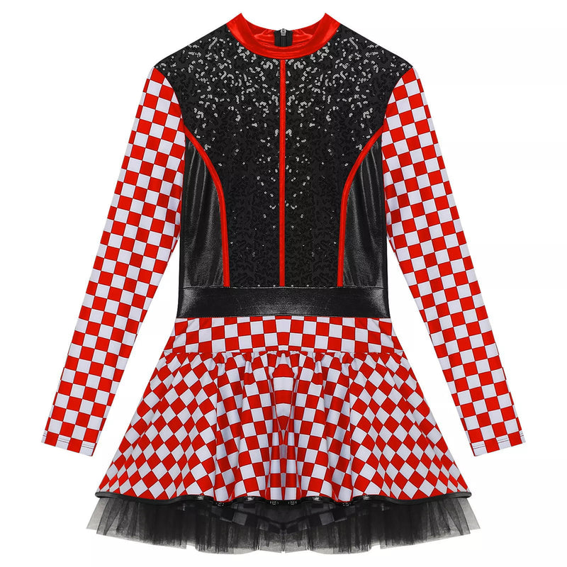 Women Racing Motorcycle Cheerleader Cospaly Sequins Red Plaid Fancy Dress - AwwwCos