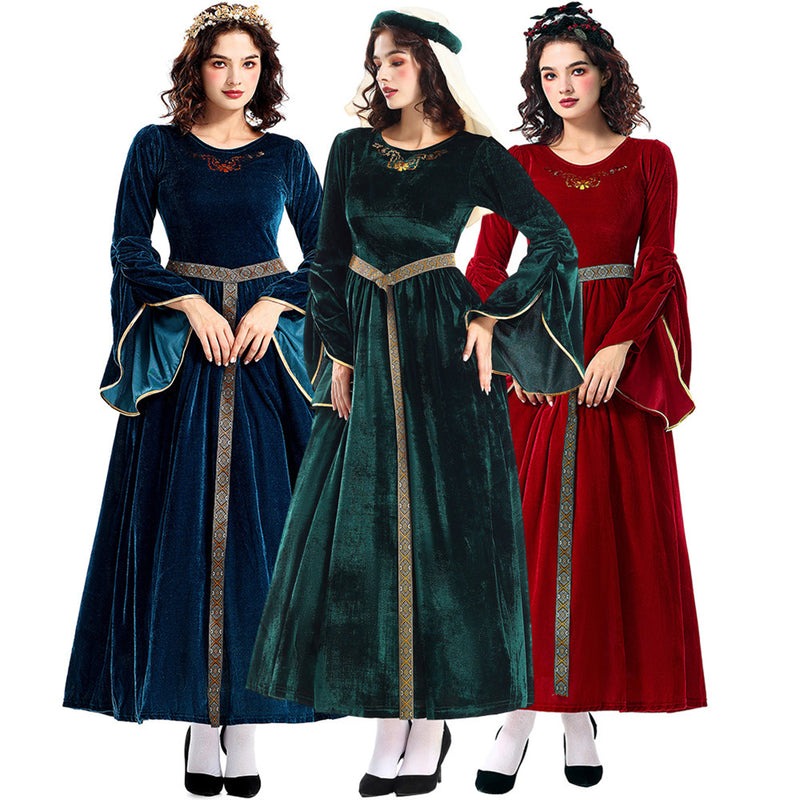 Women Retro Aulic Dress Belt Bell Sleeves Medieval Cosplay Costume