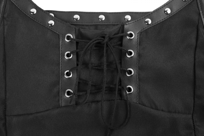 Women Retro Gothic Lace Up Sleeveless Patchwork Crepe Casual Blouse Top - AwwwCos