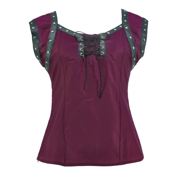 Women Retro Gothic Lace Up Sleeveless Patchwork Crepe Casual Blouse Top - AwwwCos