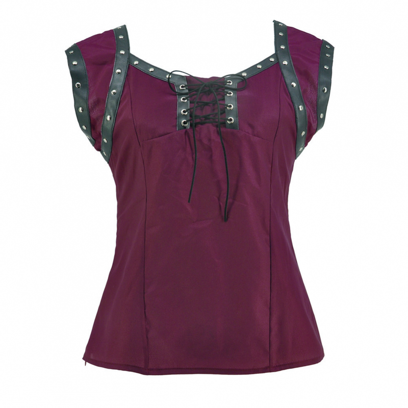 Women Retro Gothic Lace Up Sleeveless Patchwork Crepe Casual Blouse Top - AwwwCos