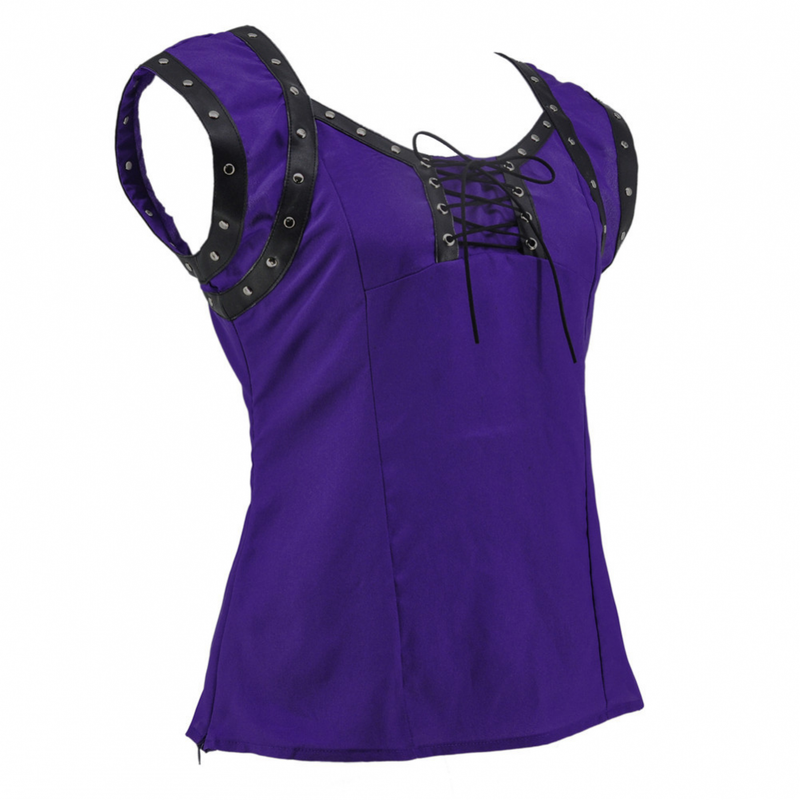 Women Retro Gothic Lace Up Sleeveless Patchwork Crepe Casual Blouse Top - AwwwCos
